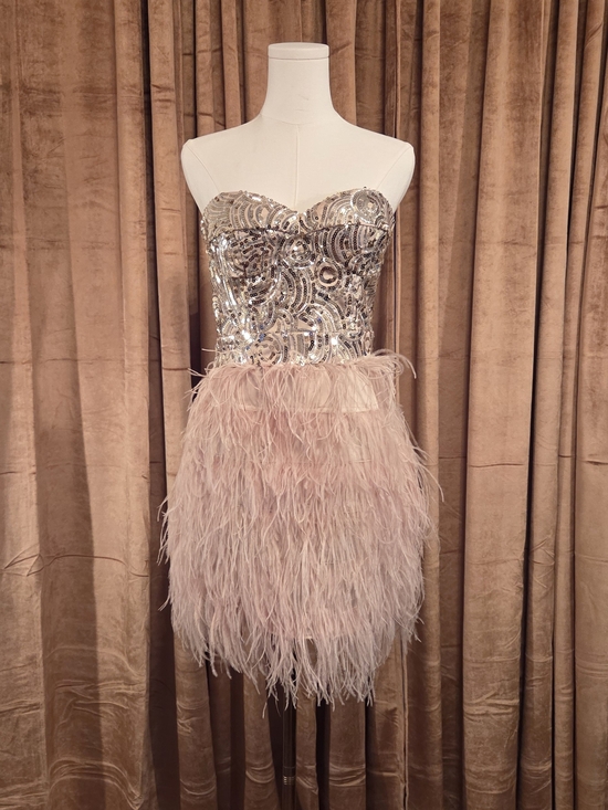 bebe Dresses & Skirts - Vintage bebe Silver/Gold Sequin Bodice with Blush Feather Mini Dress. Medium